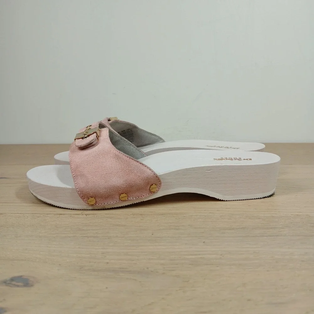 Dr Scholls Slide Sandals Women's 9 Pink Suede Wood Platform Buckle Retro
